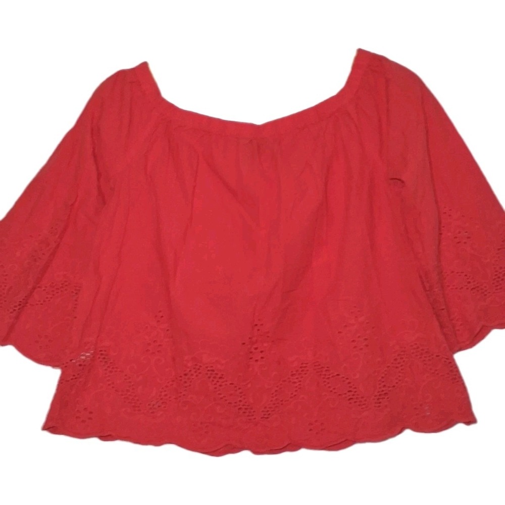 (2) F21 Off Shoulder Top Cotton Eyelet Embroidered Blouse Bright Red & Ice Blue - Picture 4 of 12